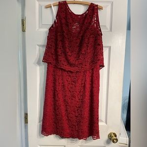 Classic strapless David’s Bridal  lace dress with cover up